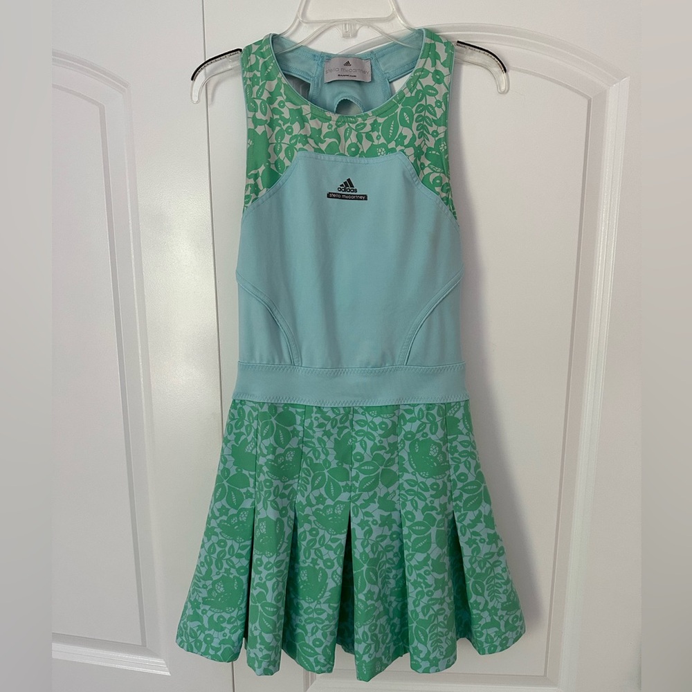 Adidas x Stella McCartney blue & green floral print pleated tennis dress sz XS